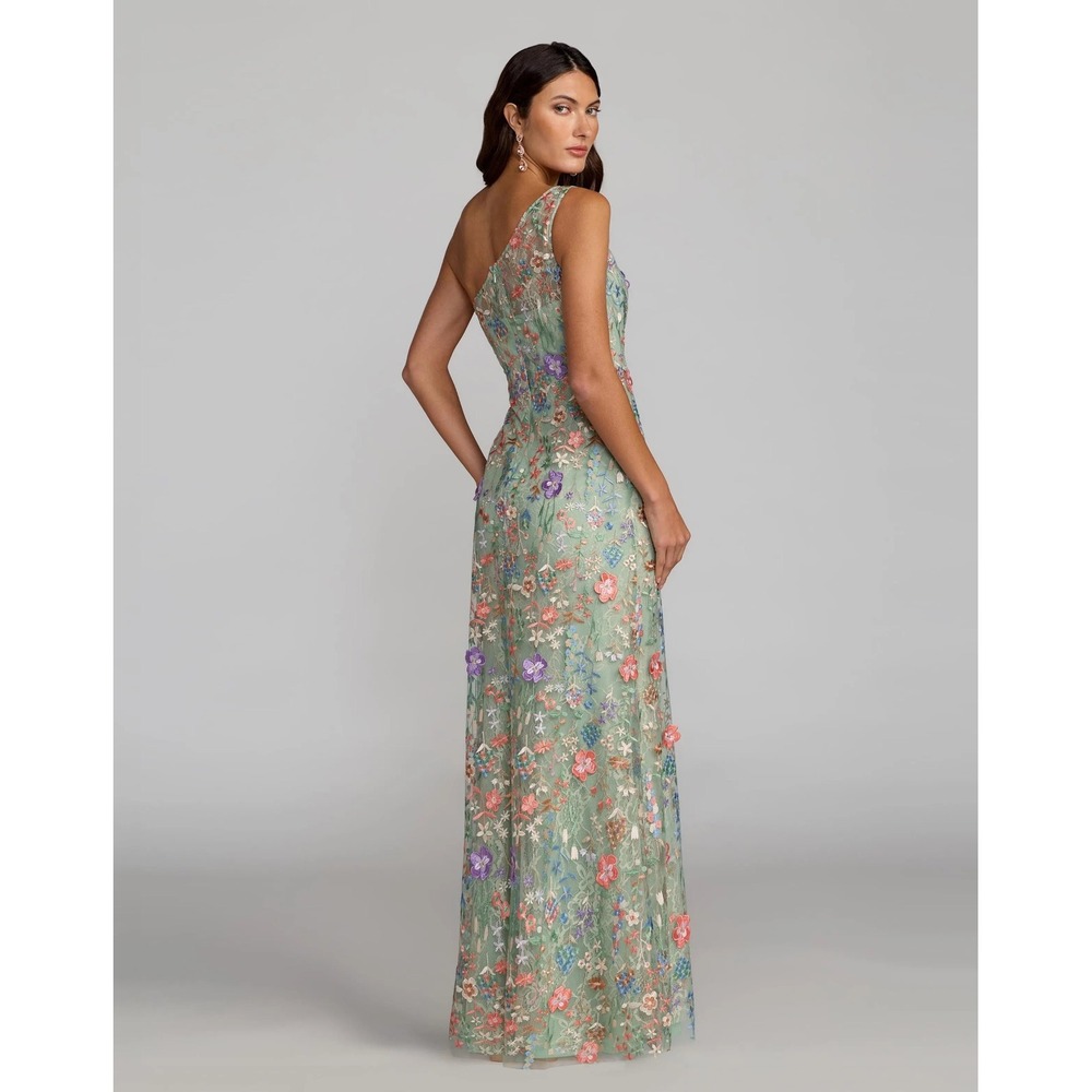 Mac Duggal One-Shoulder Floral Gown in Mint with Pink & Purple Accents - Picture 12 of 15